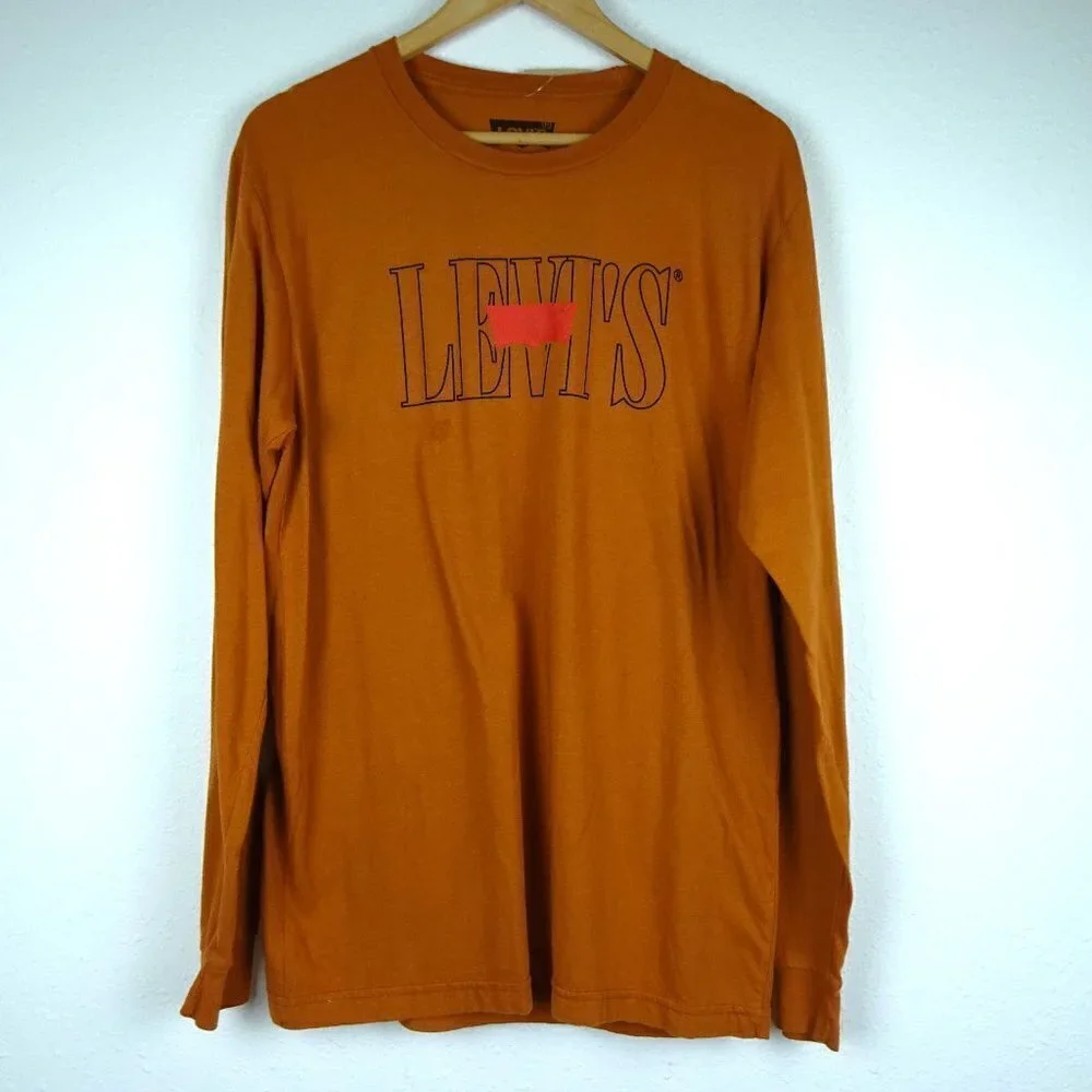 Levi's Long Sleeve T-Shirt Men's Size M Brown Spell Out Logo Flawed Read Descr